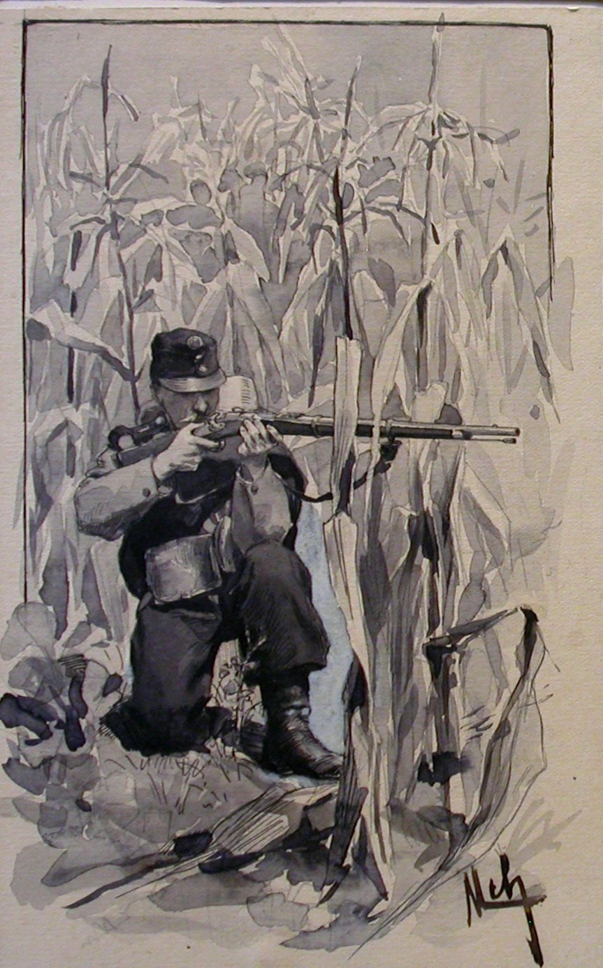 Myrbach-Rheinfeld "Soldat mit Waffe im Anschlag in Maisfeld"